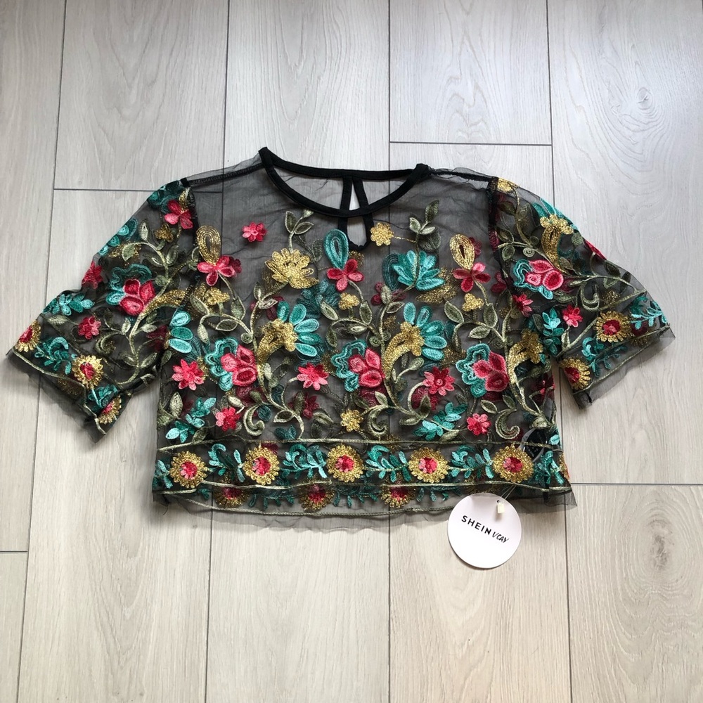 Shein Maximalist Fairy Black Mesh Cropped Top Bohemian Floral Embroidery